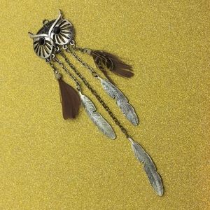 Retro Owl Necklace Pendant w Real Feathers